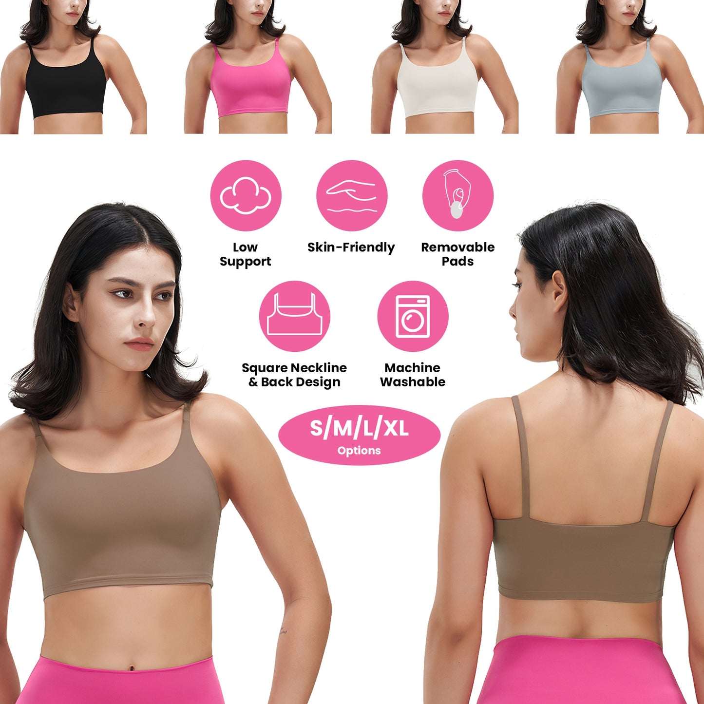 Women Strap Sport Bras Padded StrappyÊCrop Square Neck Low Impact Bras SexyÊFitnessÊTank Tops with Removable Pads Flat Straps for Gym Yoga Workout Run