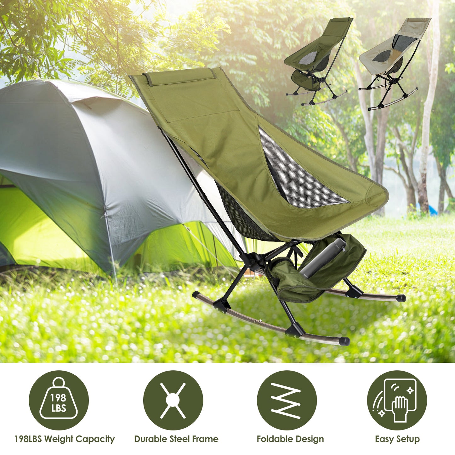Portable Camping Rocking Chair 198LBS Weight Capacity Included Carry Bag High Back Rocker Chair For Patio Fishing Beach Lawn Travel