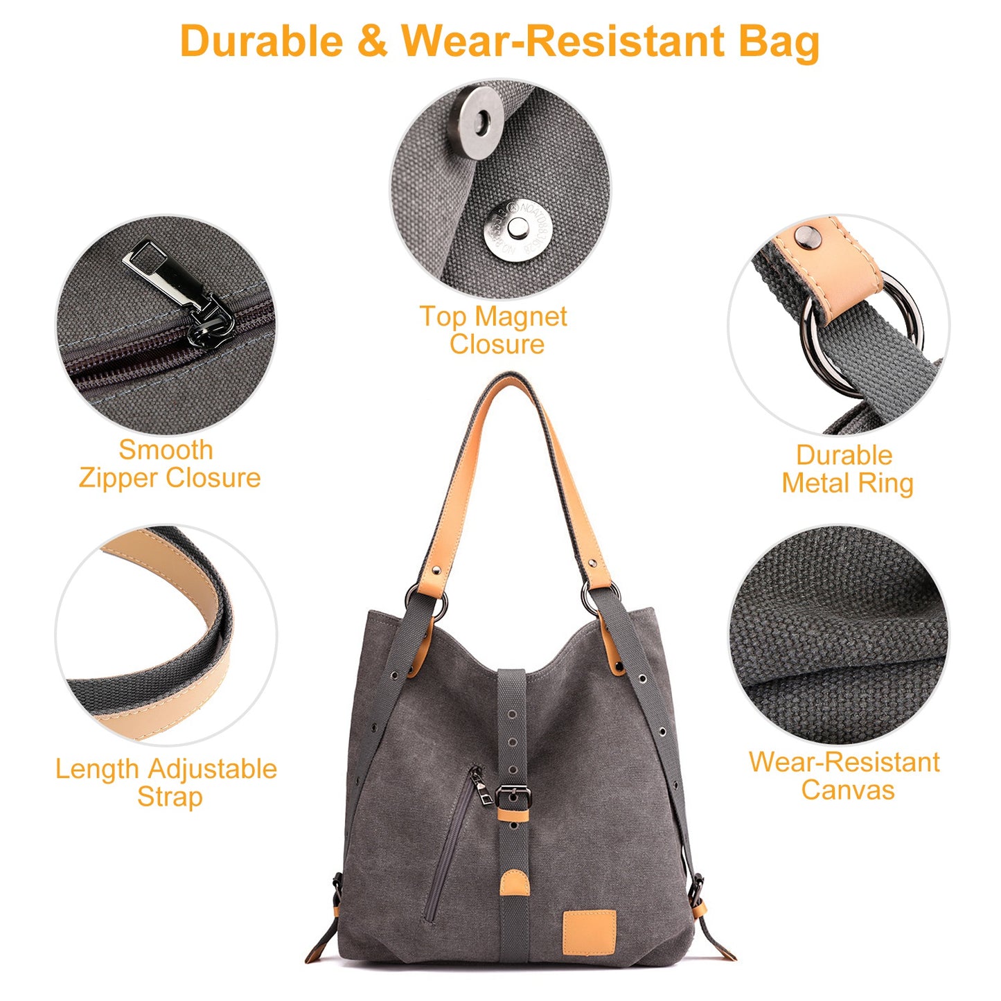 Ladies Canvas Tote Bag Multifunctional Purse Handbag Adjustable Shoulder Rucksack Convertible Backpack Wear-Resistant Dirt-Proof For Women School Offi