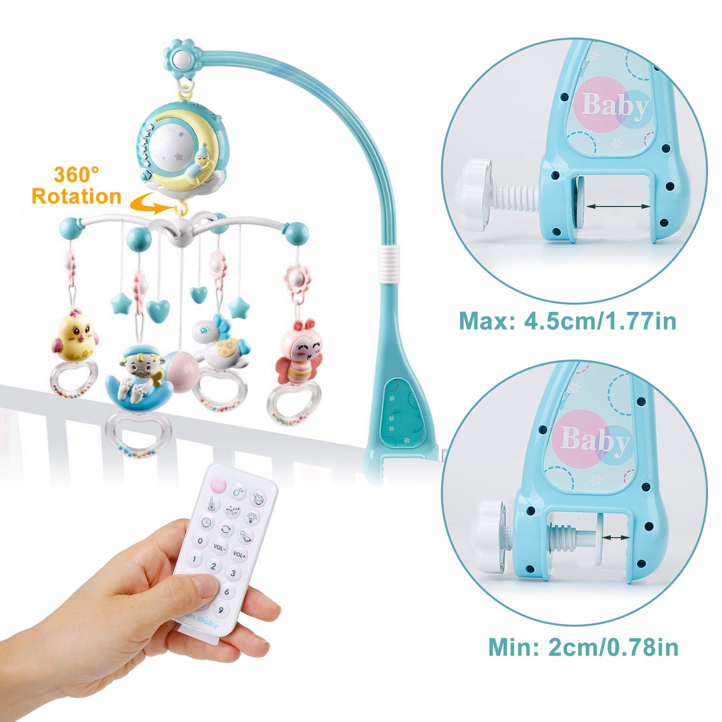 Baby Musical Crib Bed Bell Rotating Mobile Star Projection Nursery Light Baby Rattle Toy w/ Music Box Remote Control