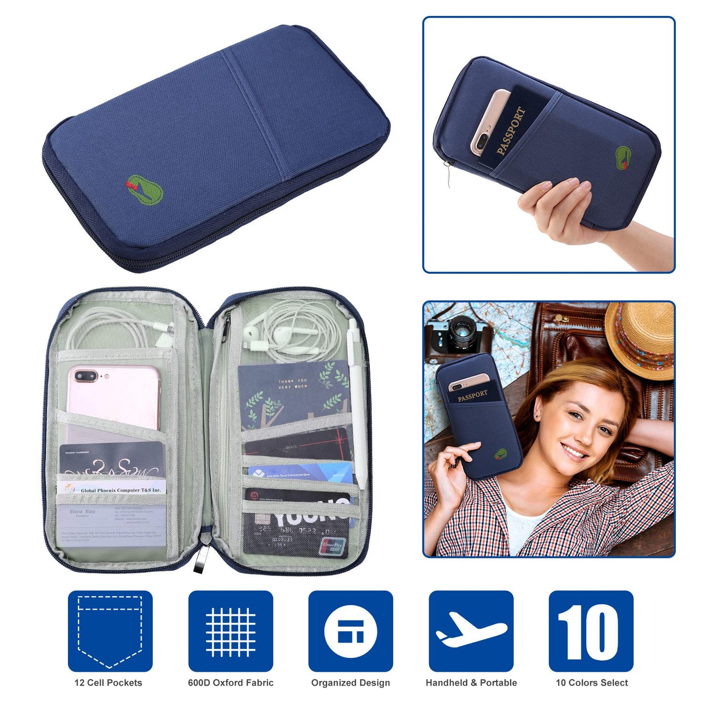 Travel Passport Wallet 12Cells Ticket ID Credit Card Holder Water Repellent Documents Phone Organizer Zipper Case Business Trip Daily Use