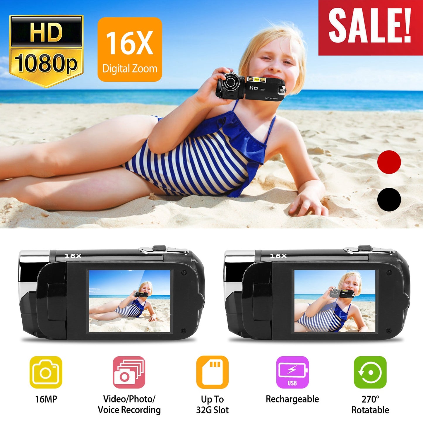 HD 1080P Digital Video Camcorder 2.7in 16X Zoom DV Camera 270¡ Rotation Rechargeable Kid Camera w/Fill Light Selfie
