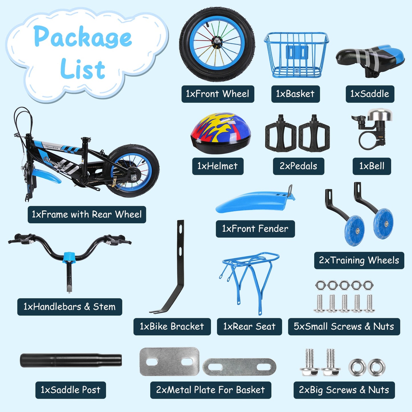 12In Kids\' Bike with Training Wheels Children Bicycle with Helmet Basket Rear Seat Chain Guard for Boys Aged 2-4