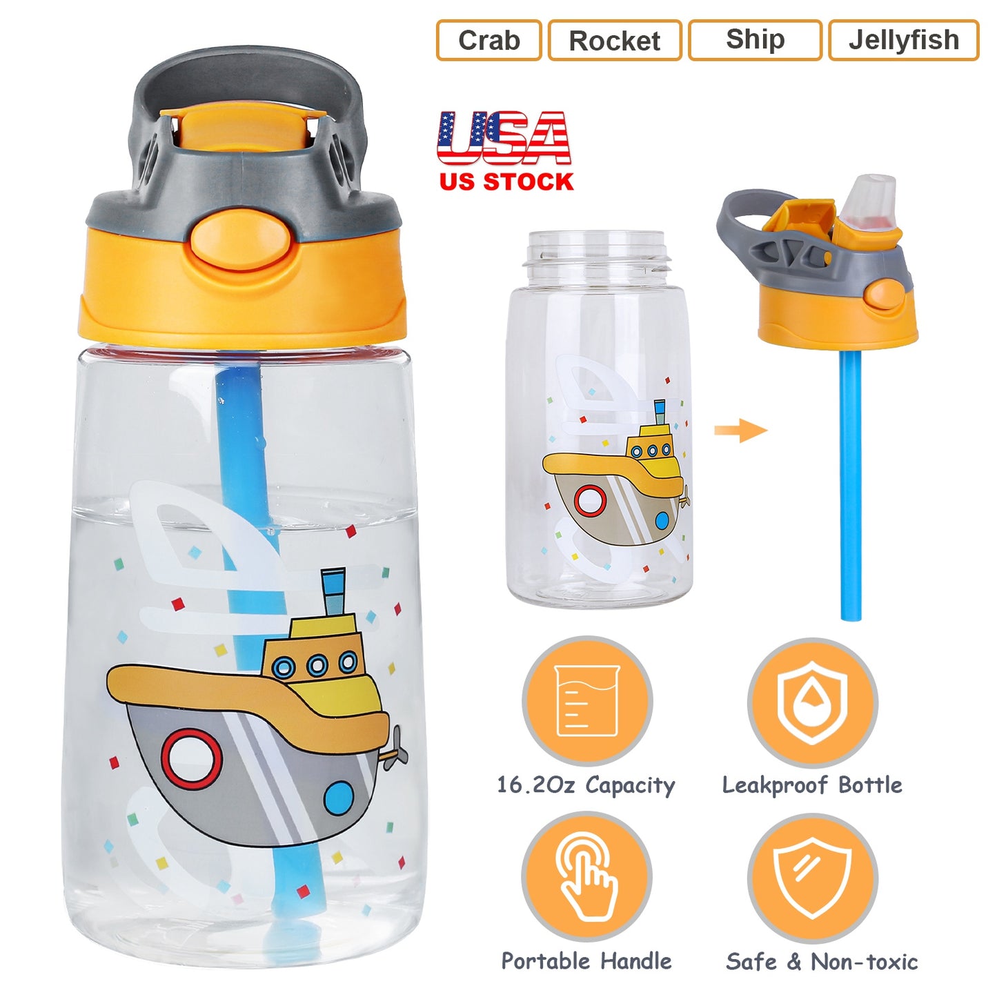16.2Oz Leak-proof Kids Water Bottle with Straw Push Button Sport Water Bottle for Kids Crab Ship Jellyfish Rocket