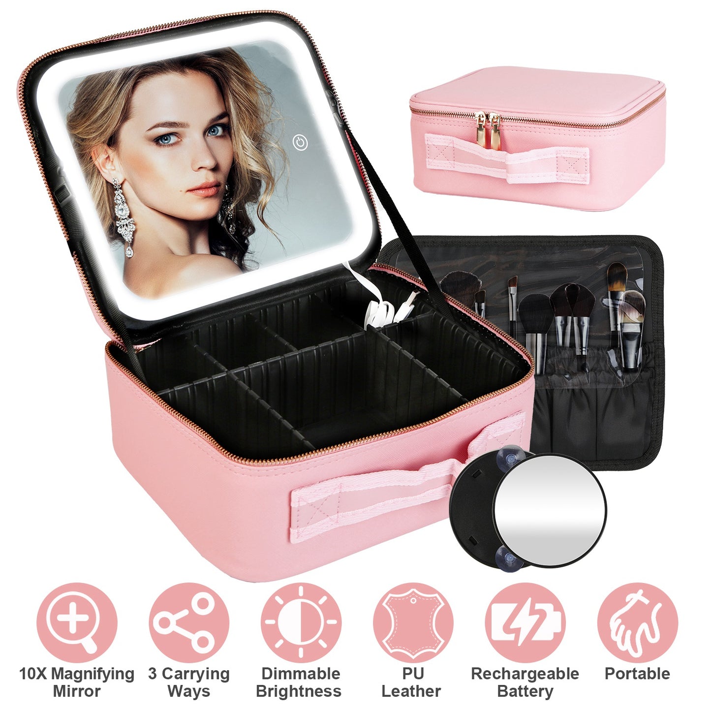 Travel Makeup Bag with LED Mirror Makeup Case Organizer with 3 Light Colors Adjustable Dividers Brush Holder Magnifying Mirror Dimmable USB Rechargeab