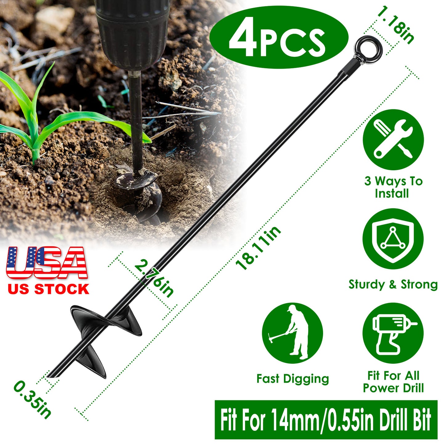 4 Pack Heavy Duty Ground Auger Stakes 2.76in Wide Spiral Drill Bits Soil Hole Digging Drill Shaft Farm Vegetable Flower Planting Earth Planter Digger