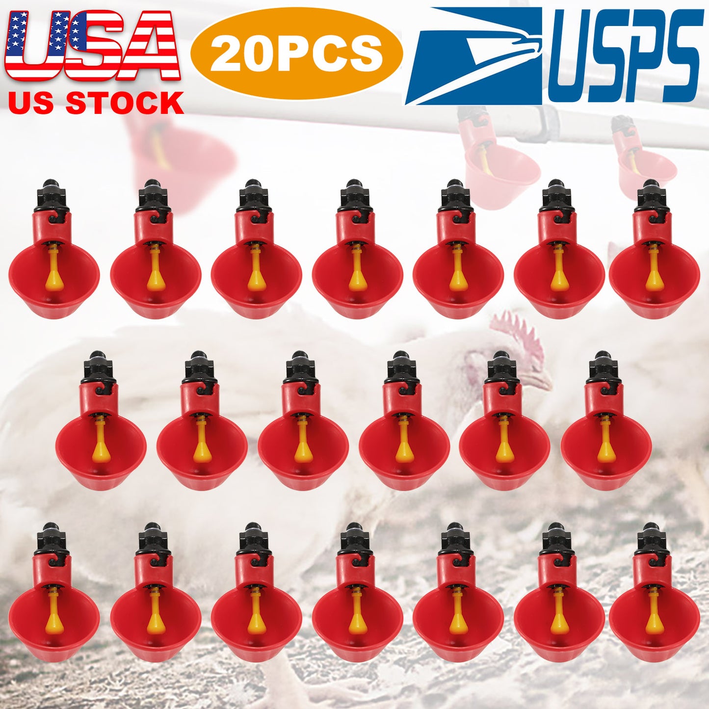 20 Pack Chicken Waterer Automatic Poultry Waterer Chicken Drinker Cups w/Mounting Joint for Chicken Poultry