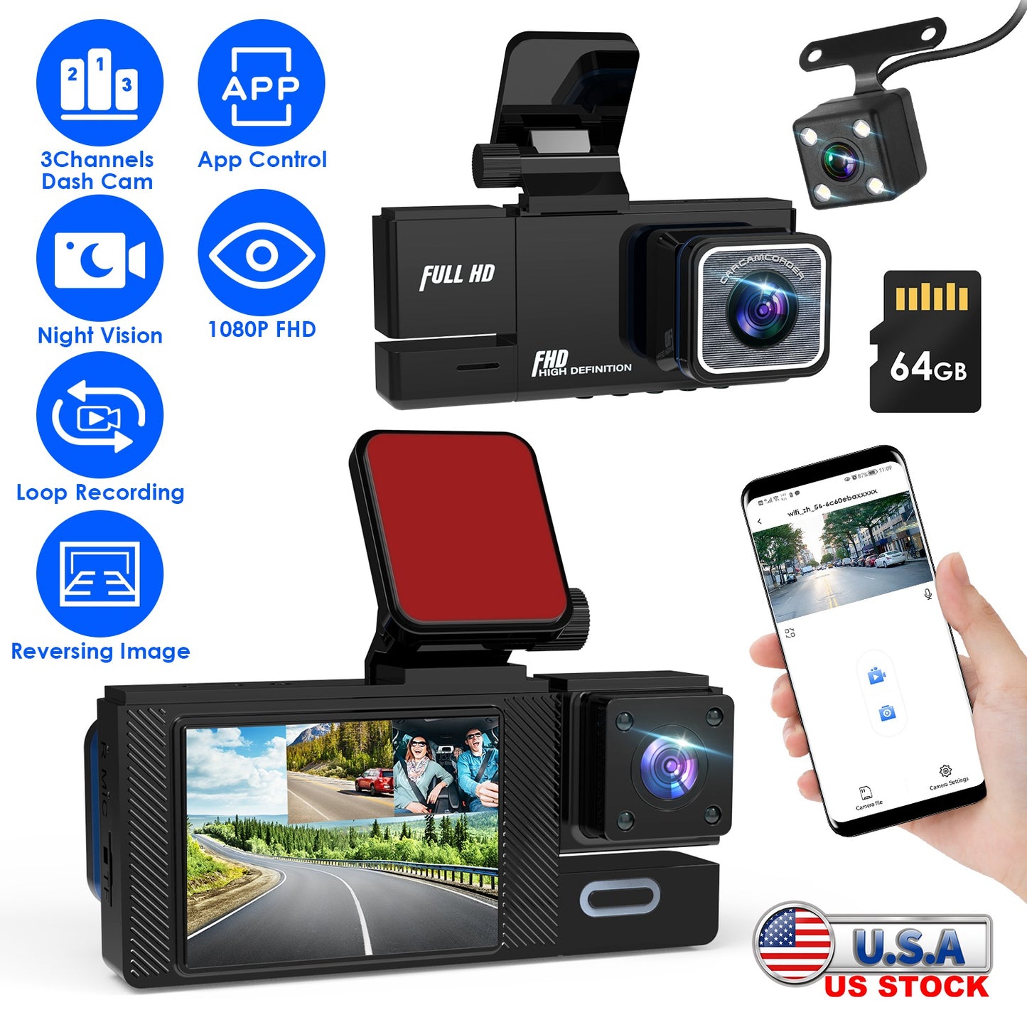 WiFi FHD 1080P Car Dash Cam 3 Channels Front Rear Inside Dash Camera with Loop Recording Reversing Image Night Vision 170¡ Wide Angle Support 64G MMC