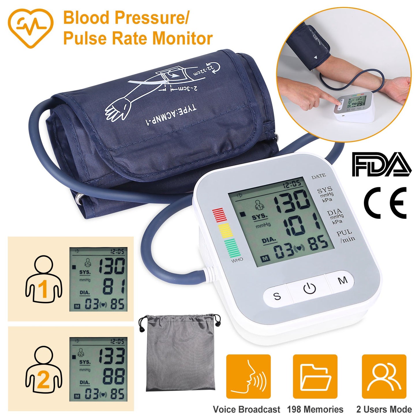Digital Arm Blood Pressure Monitor LCD Digital Heart Beat BP Gauge Health Test w/Voice