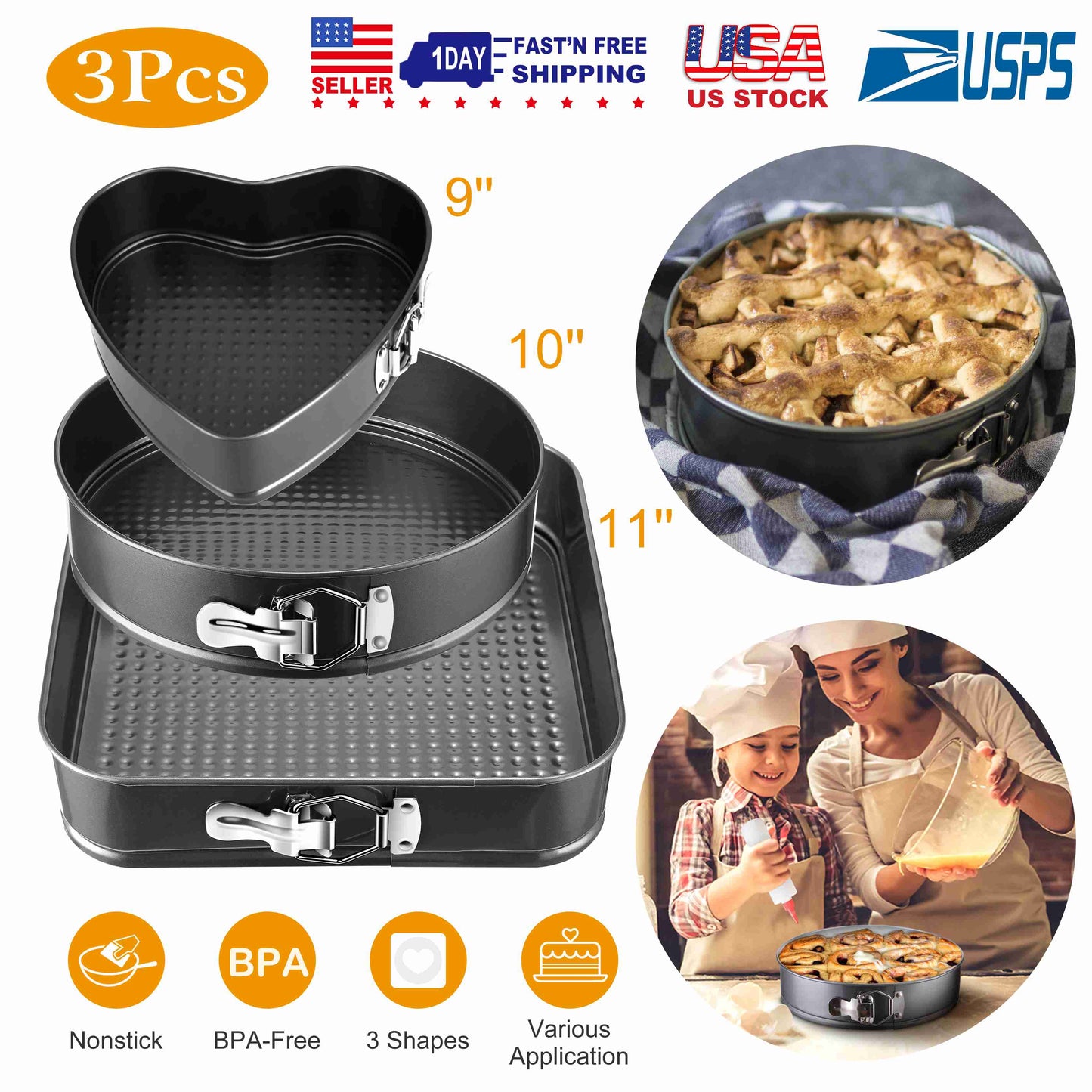 Non-stick Springform Cake Pan Leakproof 9"10"11" Bakeware Pan w/ Removable Bottom 3Pcs/Set