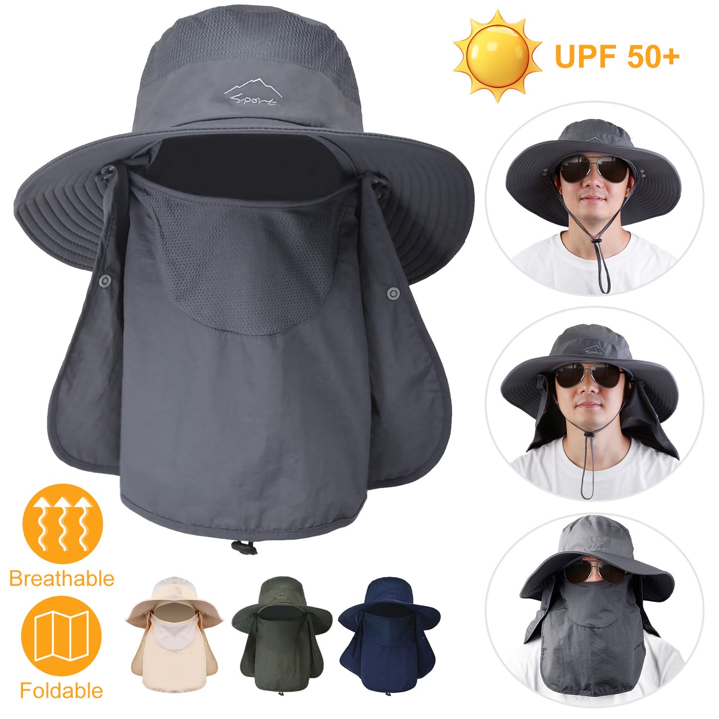 Fishing Bucket Hat Wide Brim Breathable Unisex Hat Sunlight-proof Removable Neck Face Fishing Cap For Fishing Hiking Traveling