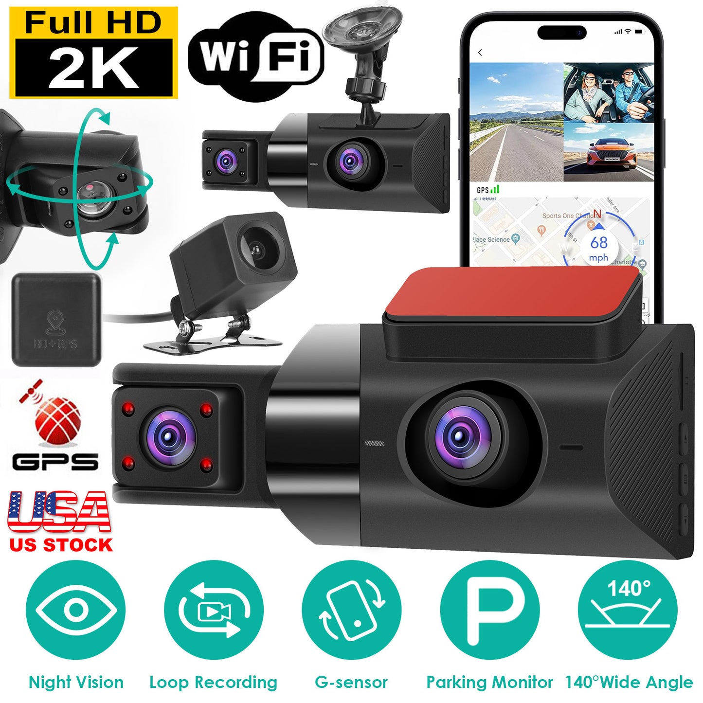 2K Car DVR 3 Channel Dash Cam Camcorder Camera Recorder with 140¡ Angle GPS WiFi Night Vision G-sensor Loop Recording Parking Monitor