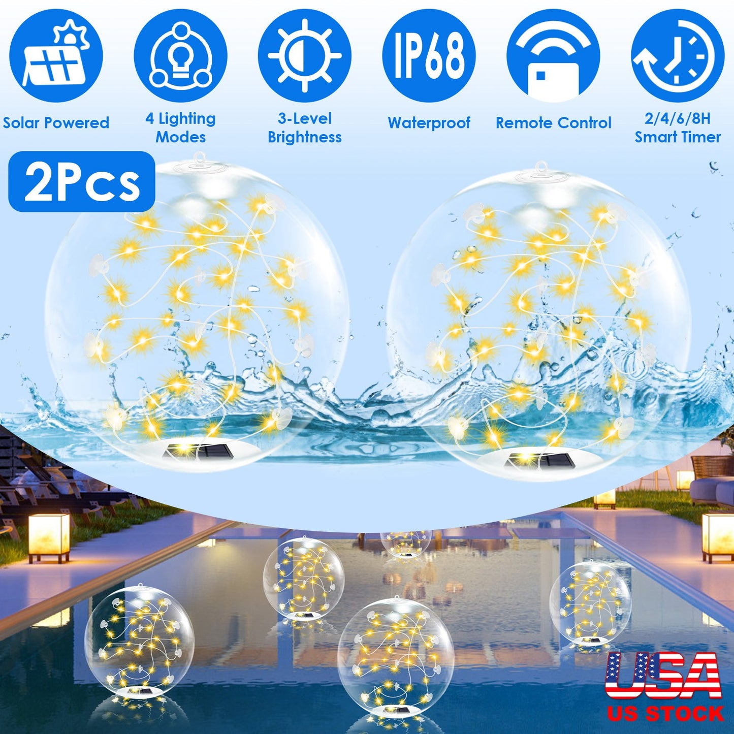 2Pcs Floating Pool Lights 14in Solar Powered Pool Balls IP68 Waterproof InflatableÊPool Decoration Lights with Remote Control 3 Light Modes Timer Adju