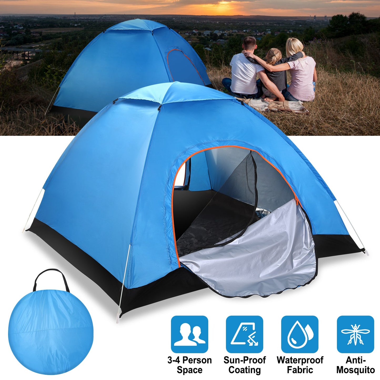 4 Persons Camping Waterproof Tent Pop Up Tent Instant Setup Tent w/2 Mosquito Net Doors Carrying Bag Folding 4 Seasons for Hiking Climbing Adventure F