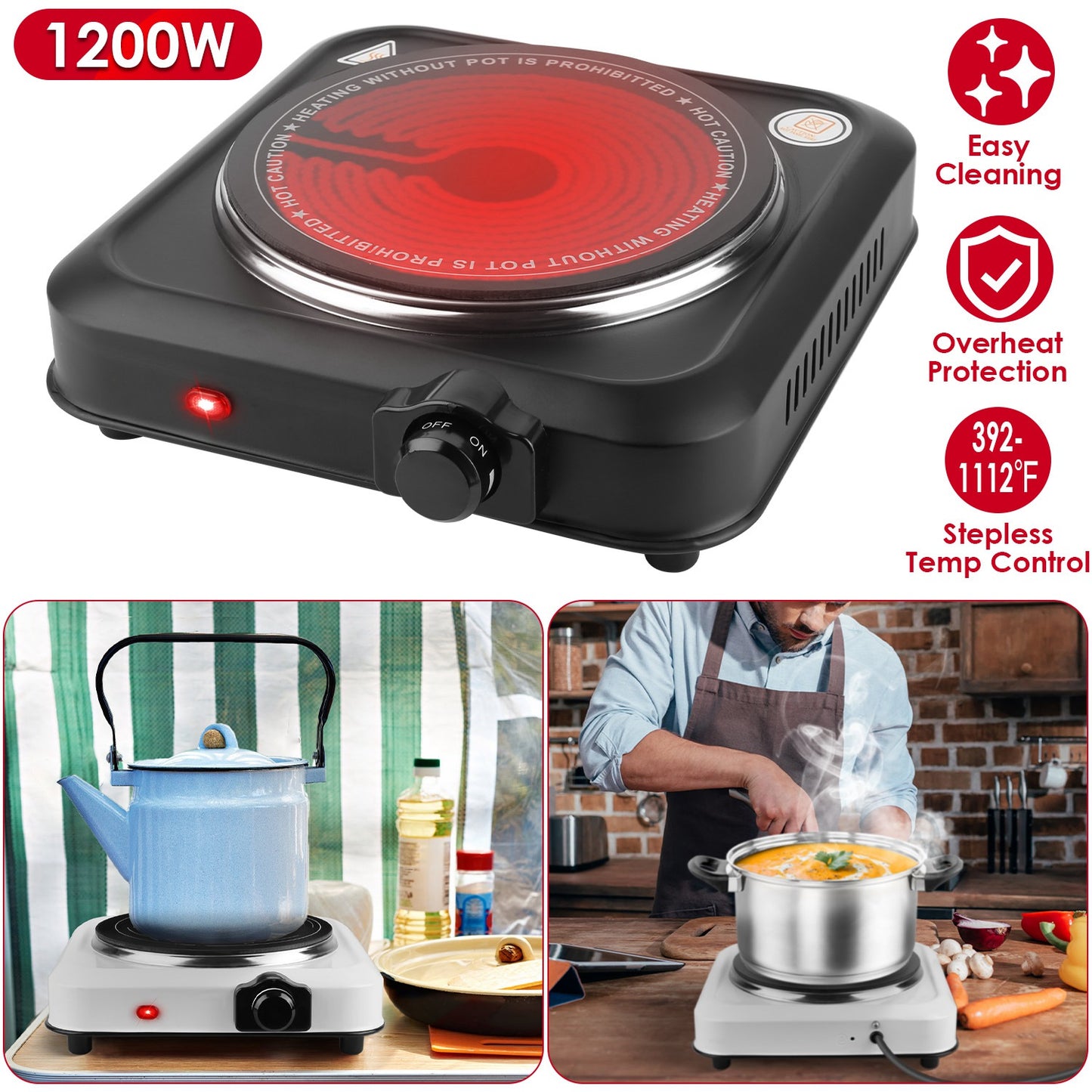1200W Electric Infrared Single Burner Portable Heating Hot Plate Stove Countertop RV Hotplate with 7.5Ó Glass Cooktop Stepless Temperature Adjustments