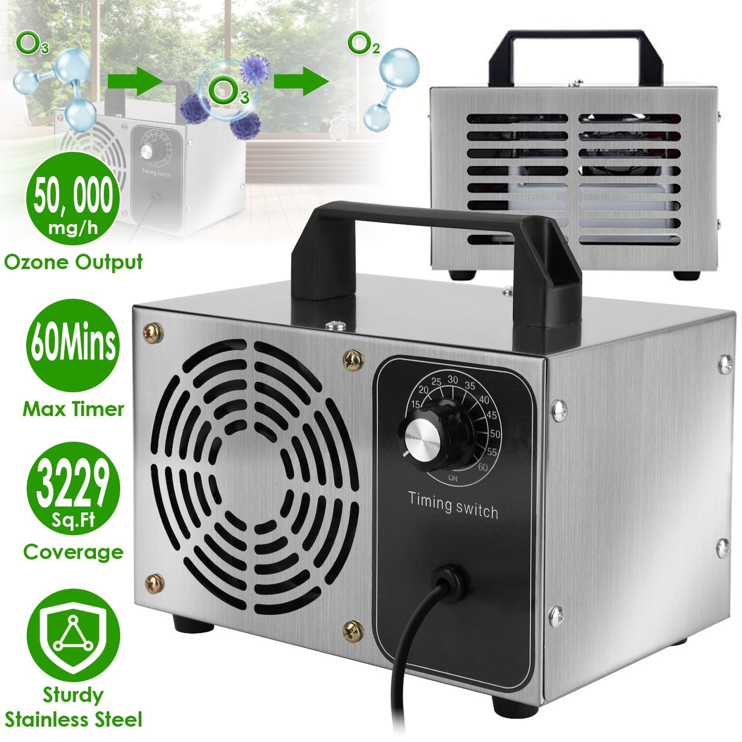 110W 50000mg/h Ozone Generator Odor Eliminator Ionizer Air Purifier with 60Mins Timer Cover up to 3229Sq.Ft for Rooms Smoke Cars Pets