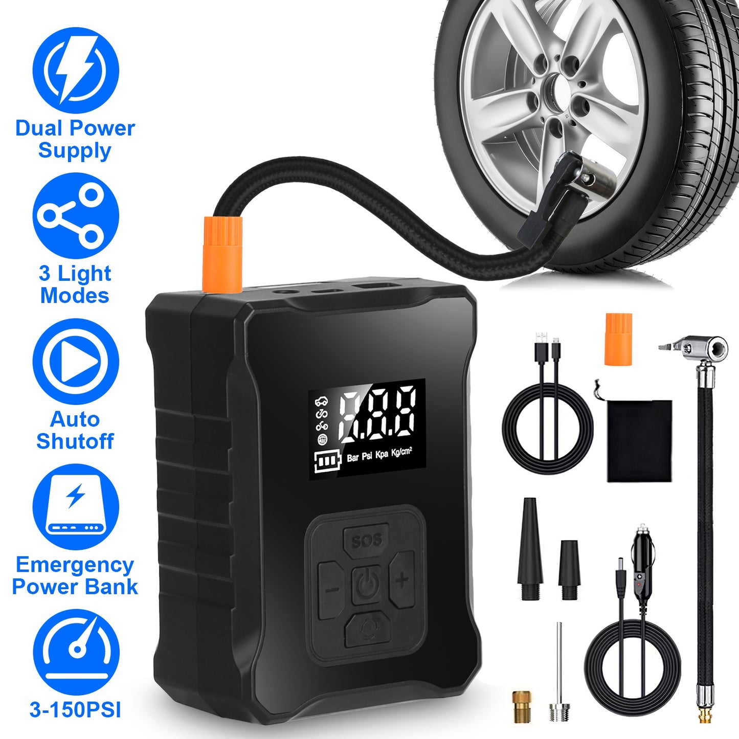 150PSI Cordless Tire Inflator with Car Charger Digital Air Compressor with LED Light Emergency Power Bank for Cars Motorcycles Bicycles Balls