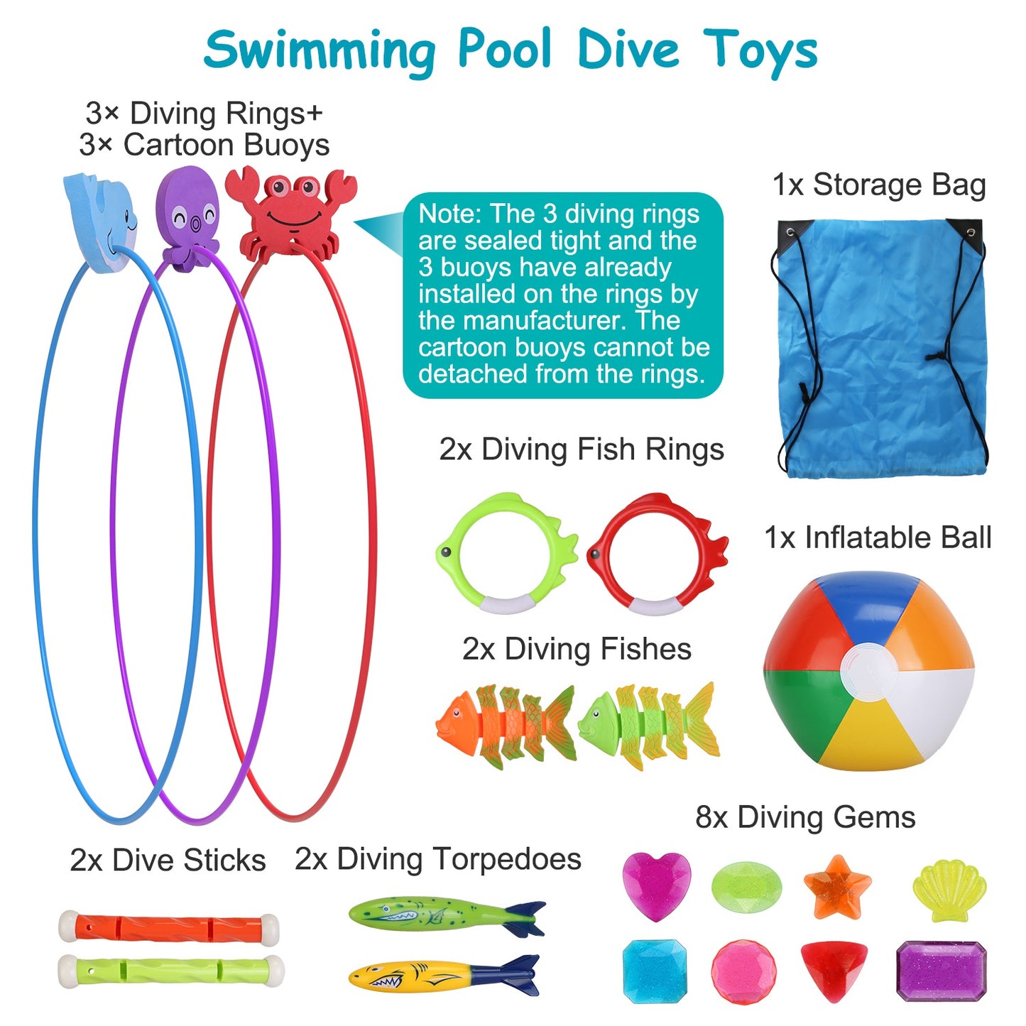 24Pcs Diving Toys Swimming Pool Toys Swim Toys for Kids Aged 3+ Years Old Swim Thru Rings Torpedoes Gems Volleyball Storage Bag