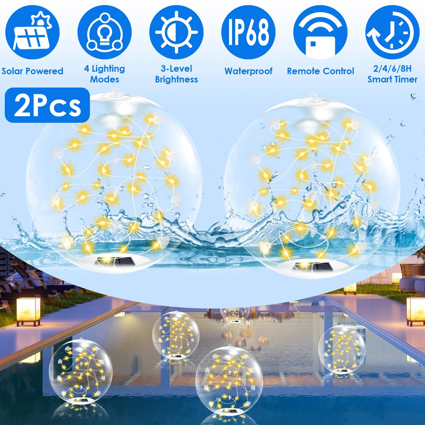 2Pcs Floating Pool Lights 14in Solar Powered Pool Balls IP68 Waterproof InflatableÊPool Decoration Lights with Remote Control 3 Light Modes Timer Adju