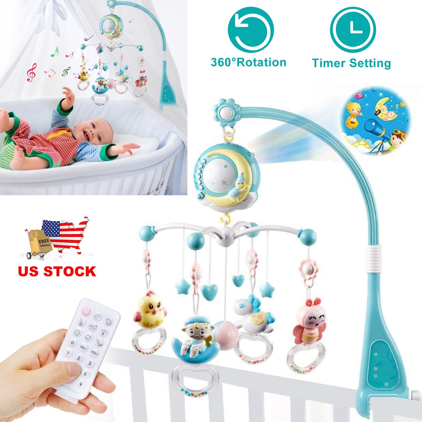 Baby Musical Crib Bed Bell Rotating Mobile Star Projection Nursery Light Baby Rattle Toy w/ Music Box Remote Control