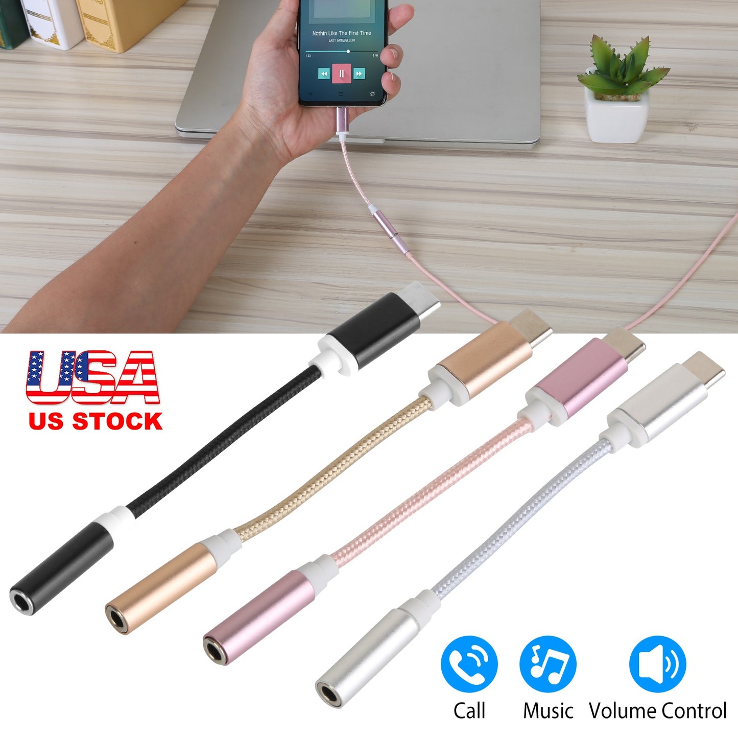 USB-C Type C Adapter Port to 3.5mm Aux Audio Jack Earphone Headphone Cable Cord