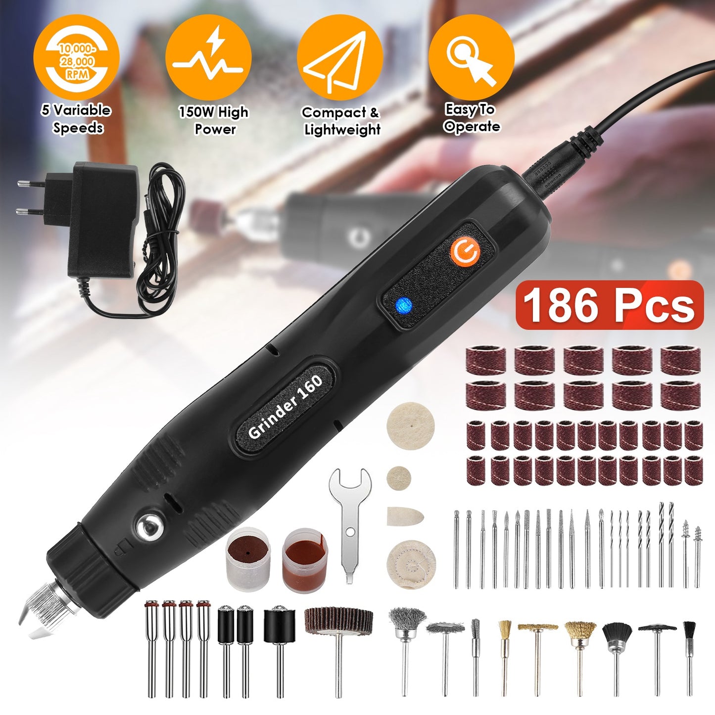 Mini Corded Rotary Power Tool Set of 186Pcs Electric Detail Sander Grinding Pen Small Drill Kit Engraver with 5 Speeds for Sanding Polishing Drilling