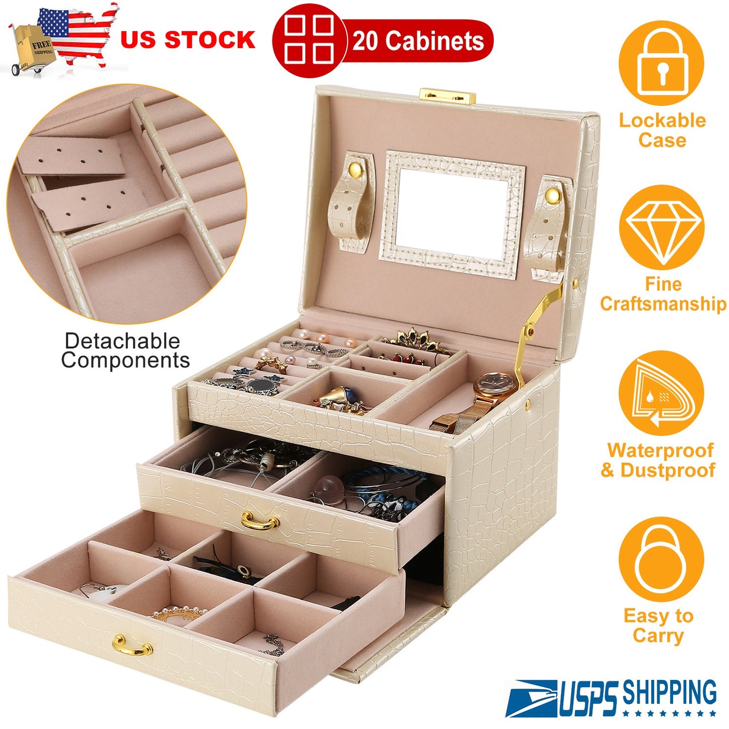 Jewelry Case Organizer 3-layer Lockable Travel Jewelry Box PU Leather Storage Display Case with Mirror Protective for Bracelets Earrings Rings Necklac