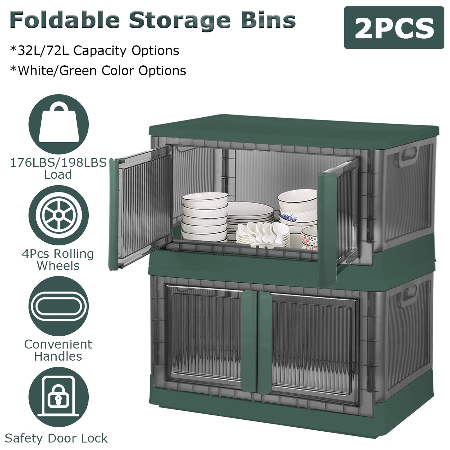 2Pcs 72L Foldable Storage Bins with Lid Collapsible Stackable Closet Organizer Containers with Front Door Lock 4Pcs Wheels