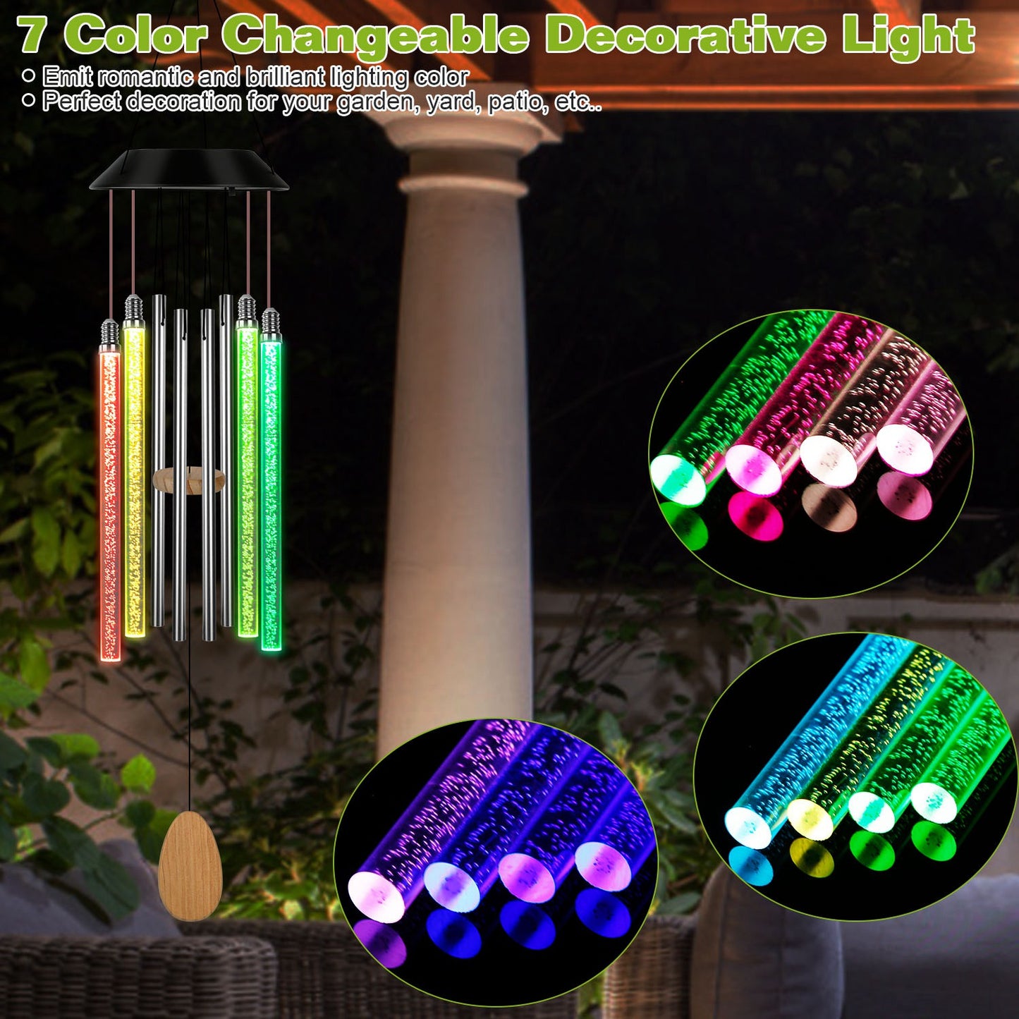 Solar Wind Chime Lights 7 Color Changing Decorative Lamp IP65 Waterproof Hanging String Lights w/ Dual Pendants For Home Garden Party Festival
