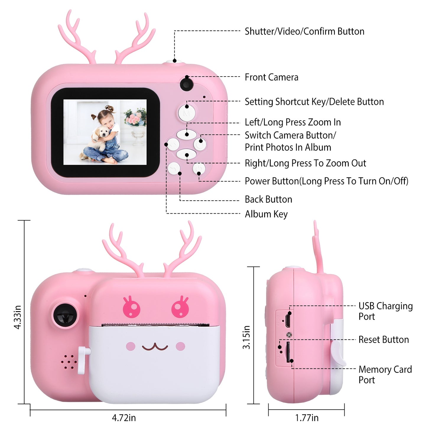 Kids Instant Print Camera 2.4in Digital Zero Ink Selfie Camera 1080P HD Video Recorder Toddler Camera with Dual Lens 3 Roll Print Papers Cute Stickers