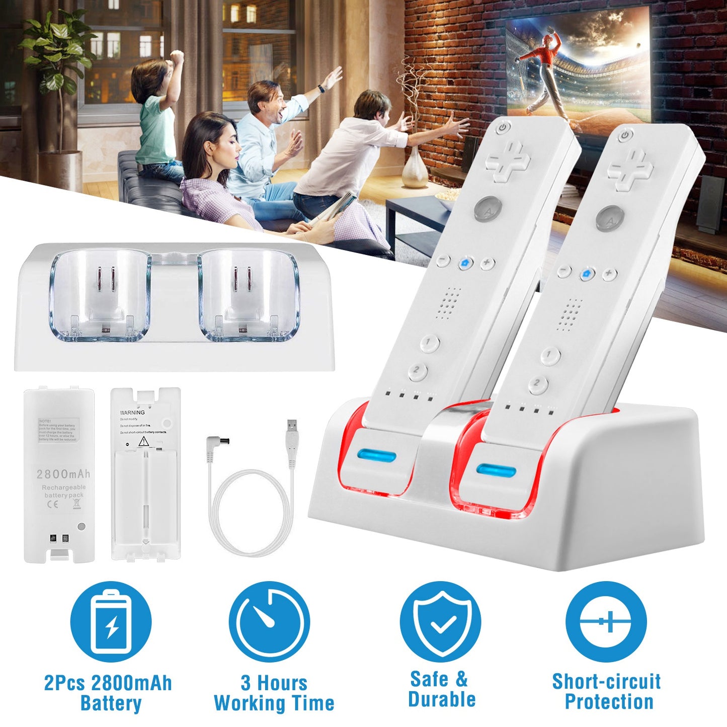 For Wii Remote Controller Charger Dual Charge Dock with Two 2800mAh Rechargeable Batteries