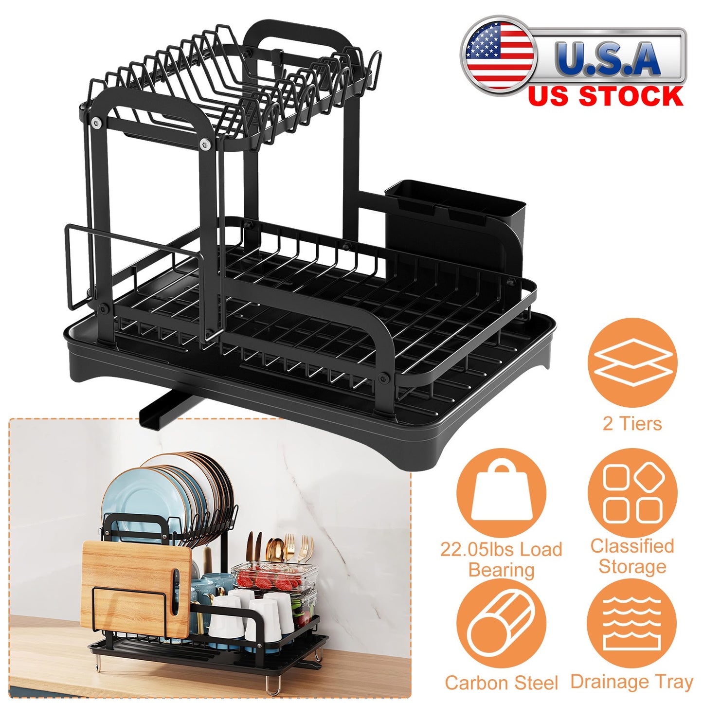 2-Tier Dish Drying Rack for Kitchen Counter Space Saving Rustproof Dish Rack with Drainboard Detachable Kitchen Drainer Organizer Set with Utensil Hol