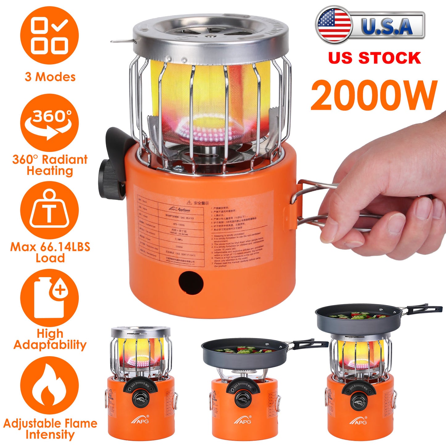 2000W 2 In 1 Camping Stove Tent Heater Outdoor Gas Stove Portable Backpacking Stove with 3 Modes 360¡ Radiant Heating for Camping Hiking Picnic BBQ