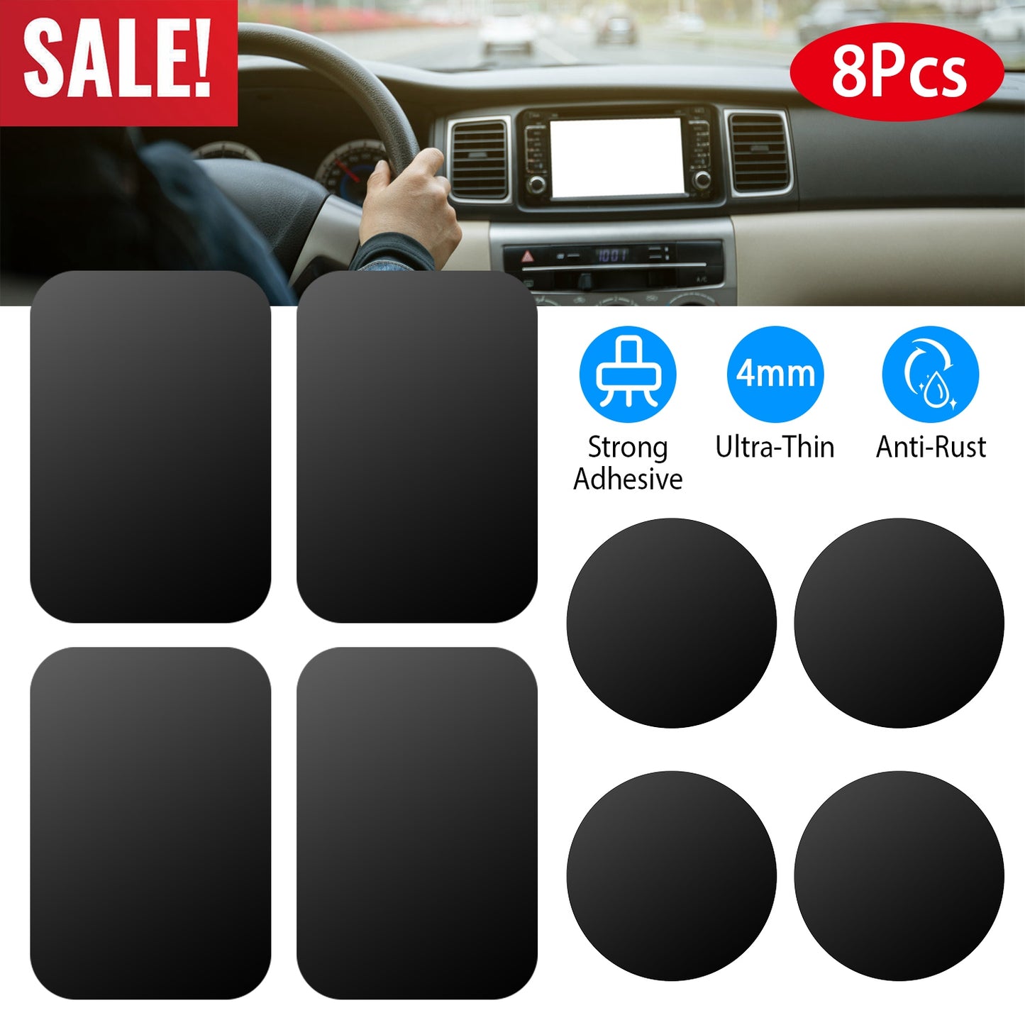 8Pcs UniversalÊMetal Plates with Strong Adhesive 4Pcs Round and 4Pcs Rectangle Metal Plates for Magnetic Car Mount Phone Holder