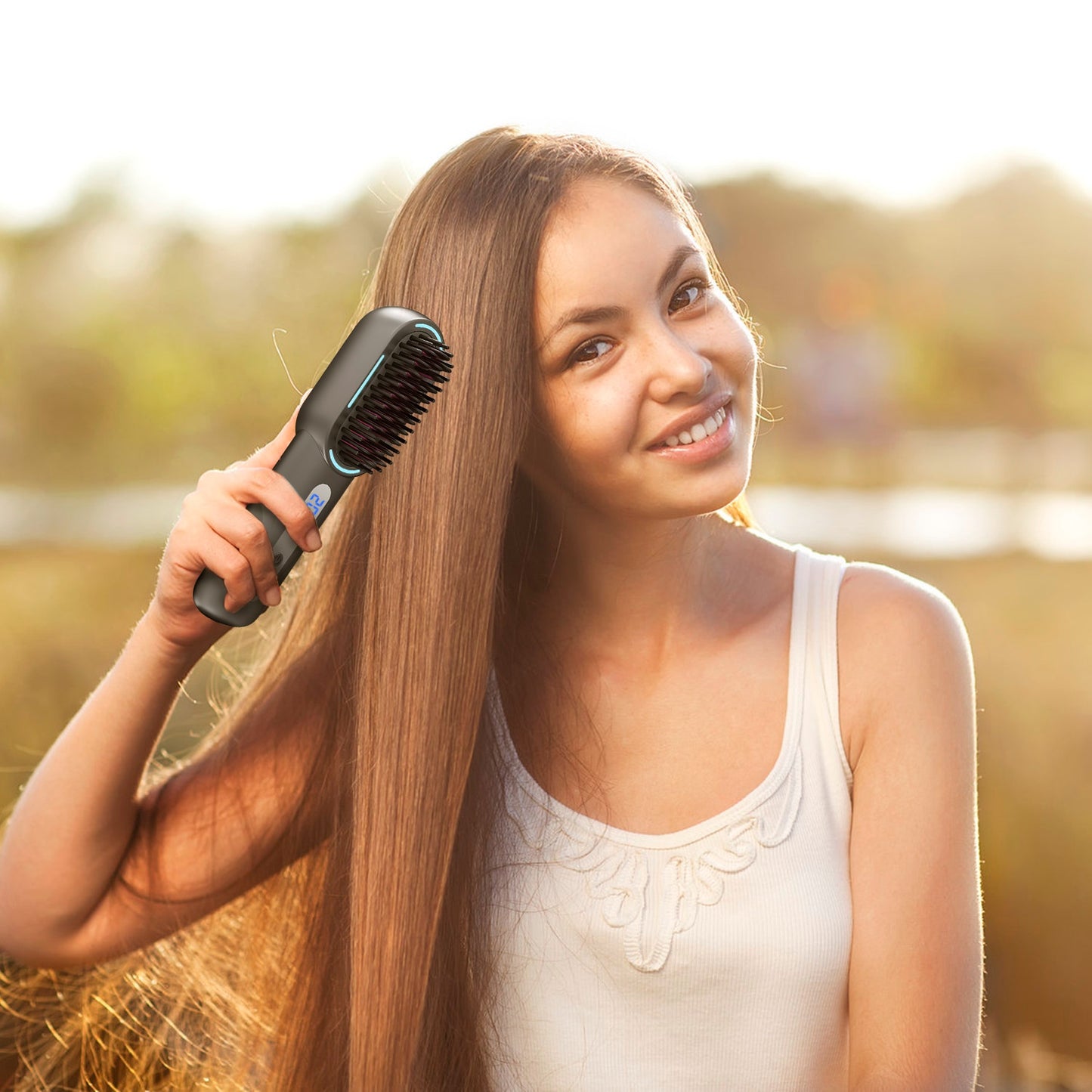 Cordless Hair Straightener Brush Rechargeable Mini Styling Comb with 4 Heating Levels Blue Light Sterilization Single press Stray Hair Removal 20Mins