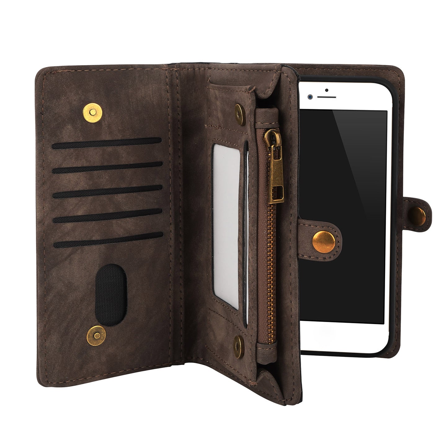 Phone Wallet Case For iPhone 8 Plus Portable Wallet Case 2 in 1 Leather Zipper Magnetic Detachable 15 Card Slots Money Pocket Clutch Cover W/ID Widows