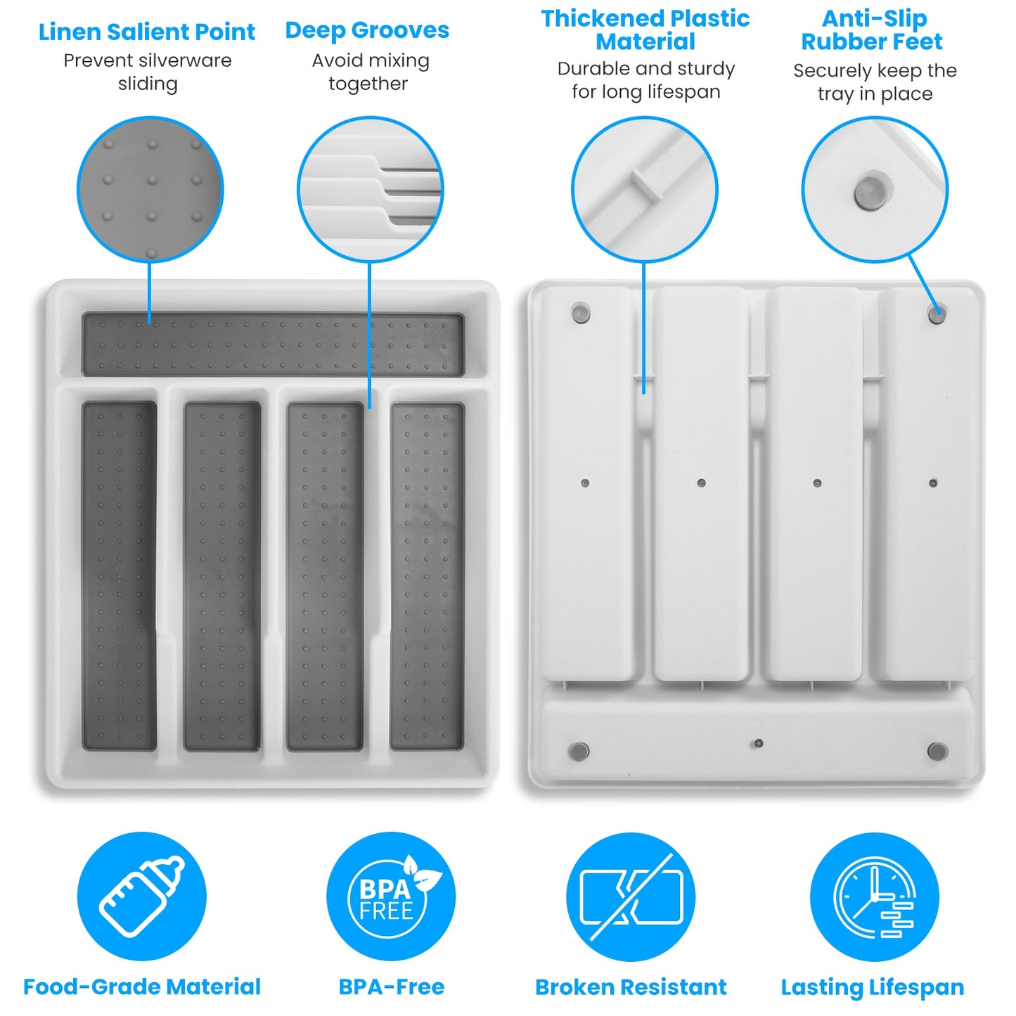 2Pcs Silverware Organizer Utensil Flatware Organizer Kitchen Drawer Silverware Storage Tray with Non-Slip 5 Compartments For Cutlery Spoon Fork