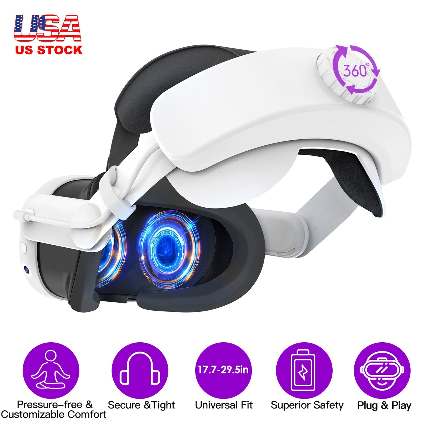 Adjustable Head Strap Compatible with Oculus/Meta Quest 3 VR Accessories Charging Headband Pressure-free Elite Strap with 6000mAh Rechargeable Battery