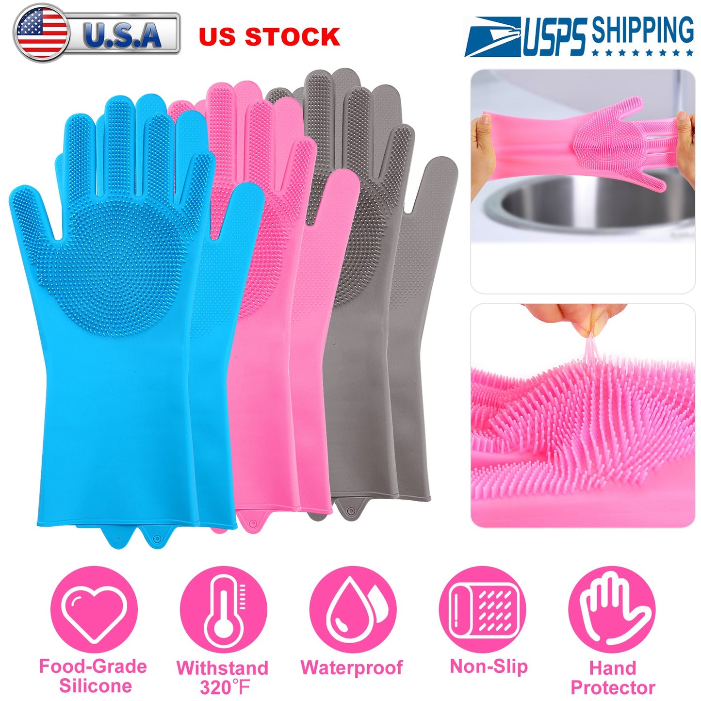 1 Pair Magic Silicone Brush Dishwashing Gloves Cleaning Sponge Pet Scrubber Heat Resistant Wash Gloves