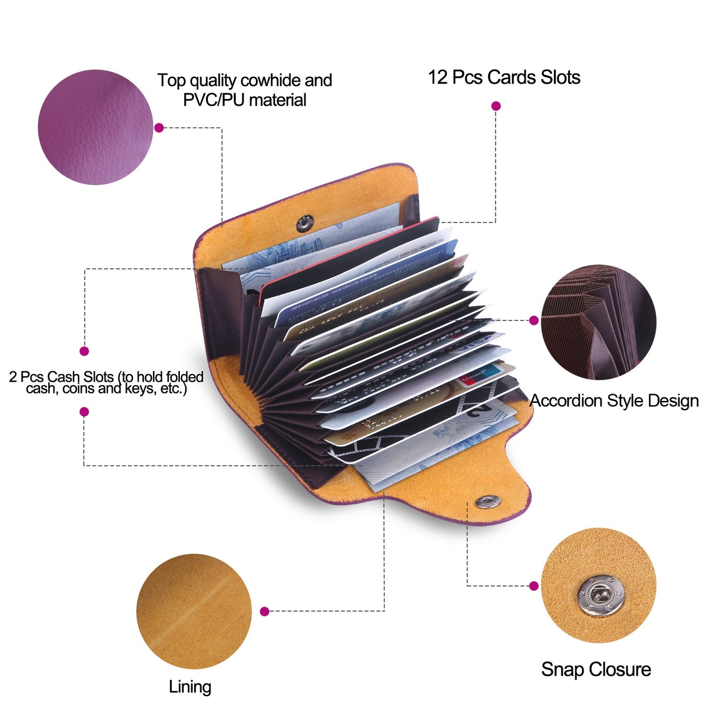 Credit Card Holder Wallet PU Leather Snap Closure Purse Accordion Case with 12 Pcs Card Slots