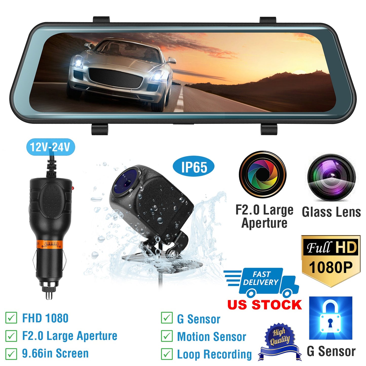 FHD 1080P Car DVR Dash Camera 9.66In Vehicle Driving Recorder w/ G Sensor Parking Monitoring Seamless Recording