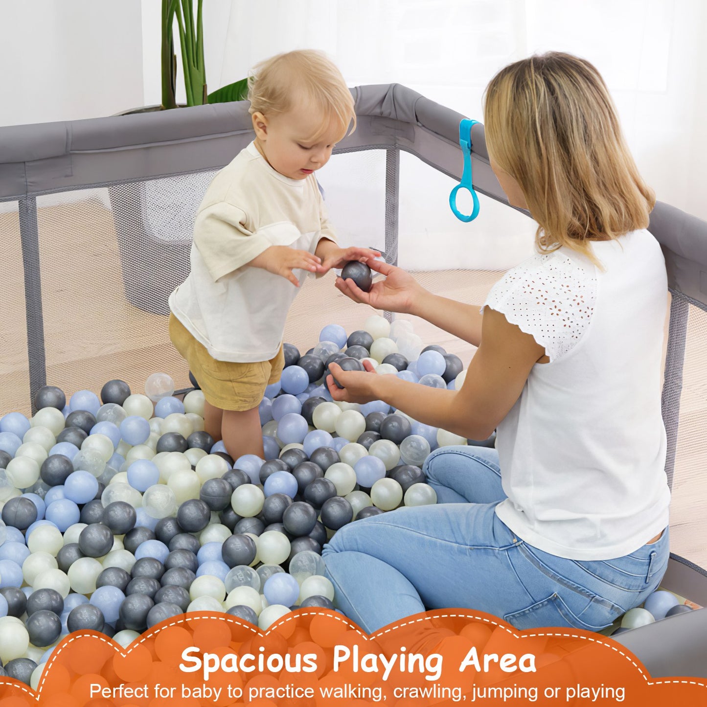 Baby Play Yard 50x50x24in Infant Play Game Child Fence Play Yards Breathable Kids Activity Center with Anti-Slip Suction Base 2 Zipper Doors for Infan