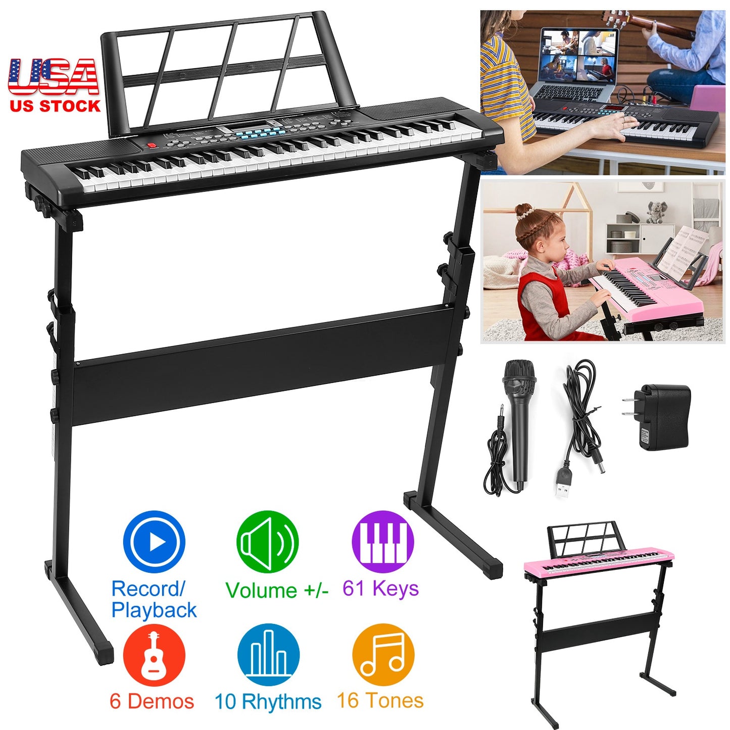 61 Keys Digital Music Electronic Keyboard Electric Musical Piano Instrument Kids Learning Keyboard w/ Stand Microphone For Beginners