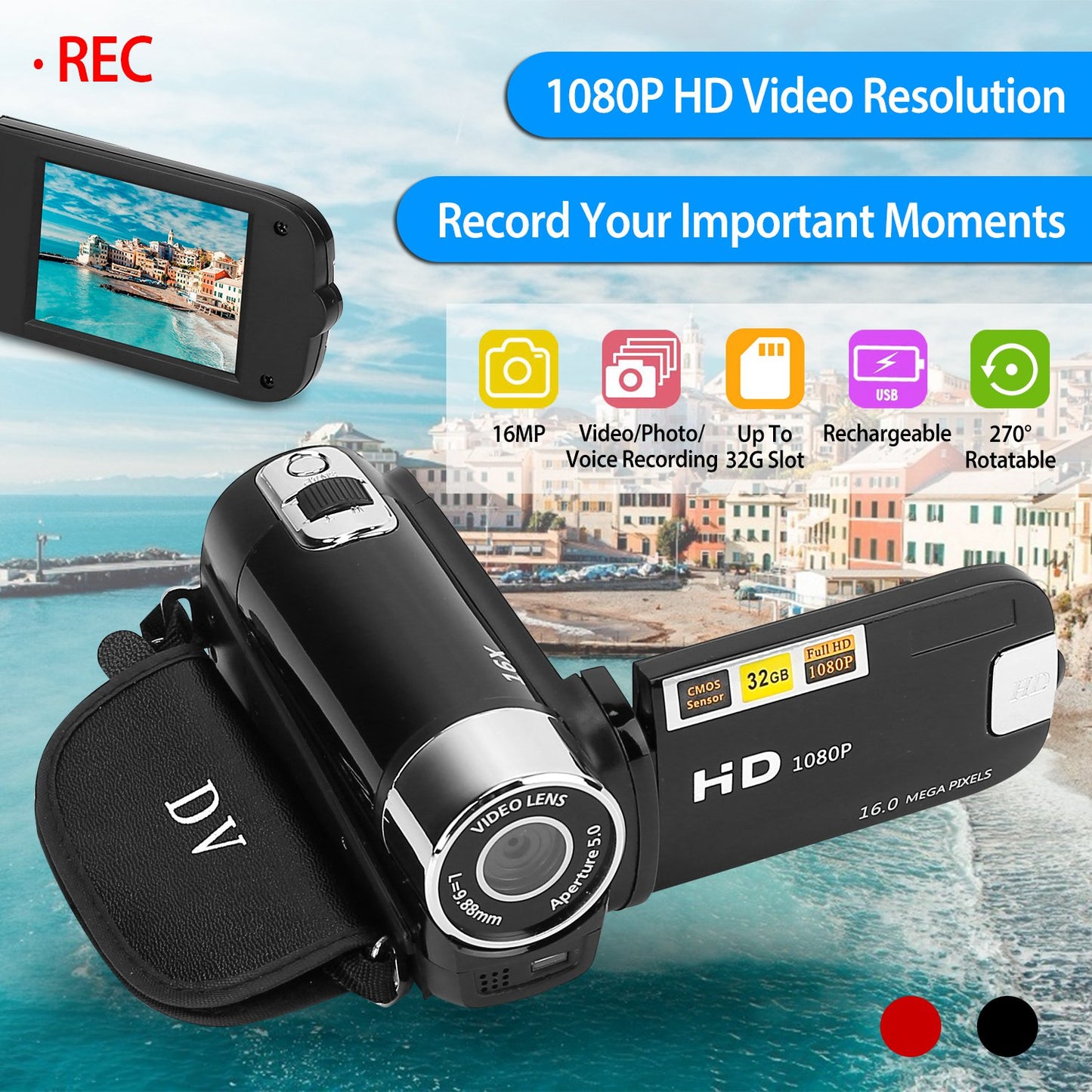 HD 1080P Digital Video Camcorder 2.7in 16X Zoom DV Camera 270¡ Rotation Rechargeable Kid Camera w/Fill Light Selfie