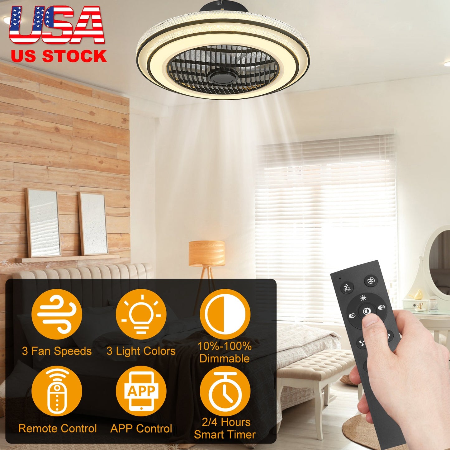 20.5in Ceiling Fan with Light RoundÊPendant Fan Lamp 30W LED Ceiling Fan with 3-Fan Speed Remote Control Timer APP Control