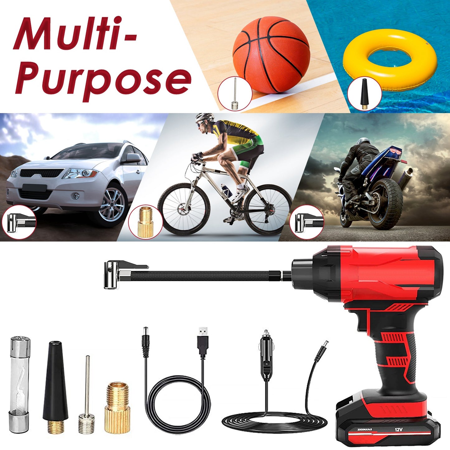 150PSI Cordless Car Tire Pump Rechargeable Tire Inflator 12V Portable Electric Air Compressor with LED Light for Car Bike Motorcycle Ball
