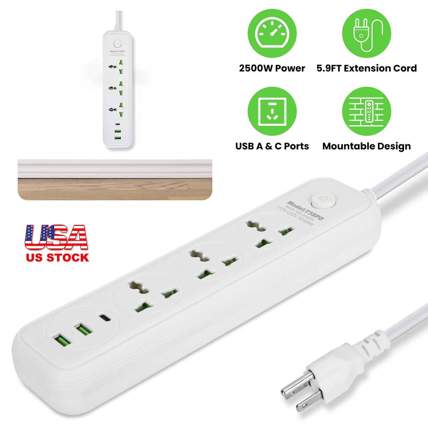 Power Strip with 5.9FT Extension Cord 3 AC Outlets and 2 USB A Ports 1 USB C Port 2500W Wall Mount Outlet Extender For Home Office Dorm Travel