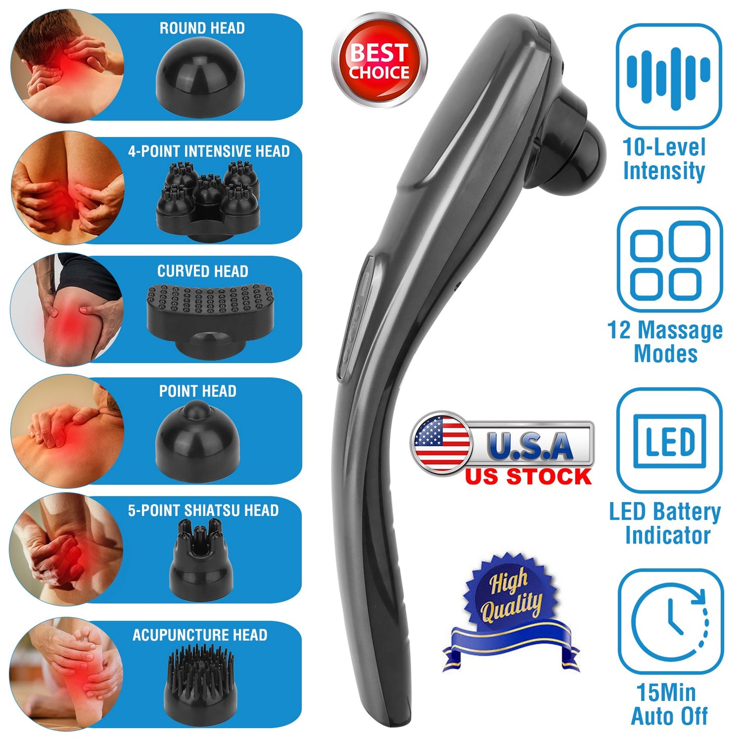 Cordless Handheld Back Massager Deep Tissue Rechargeable Electric Massager w/ 12 Modes 10 Intensity 6 Interchangeable Nodes For Muscle Foot Neck Shoul