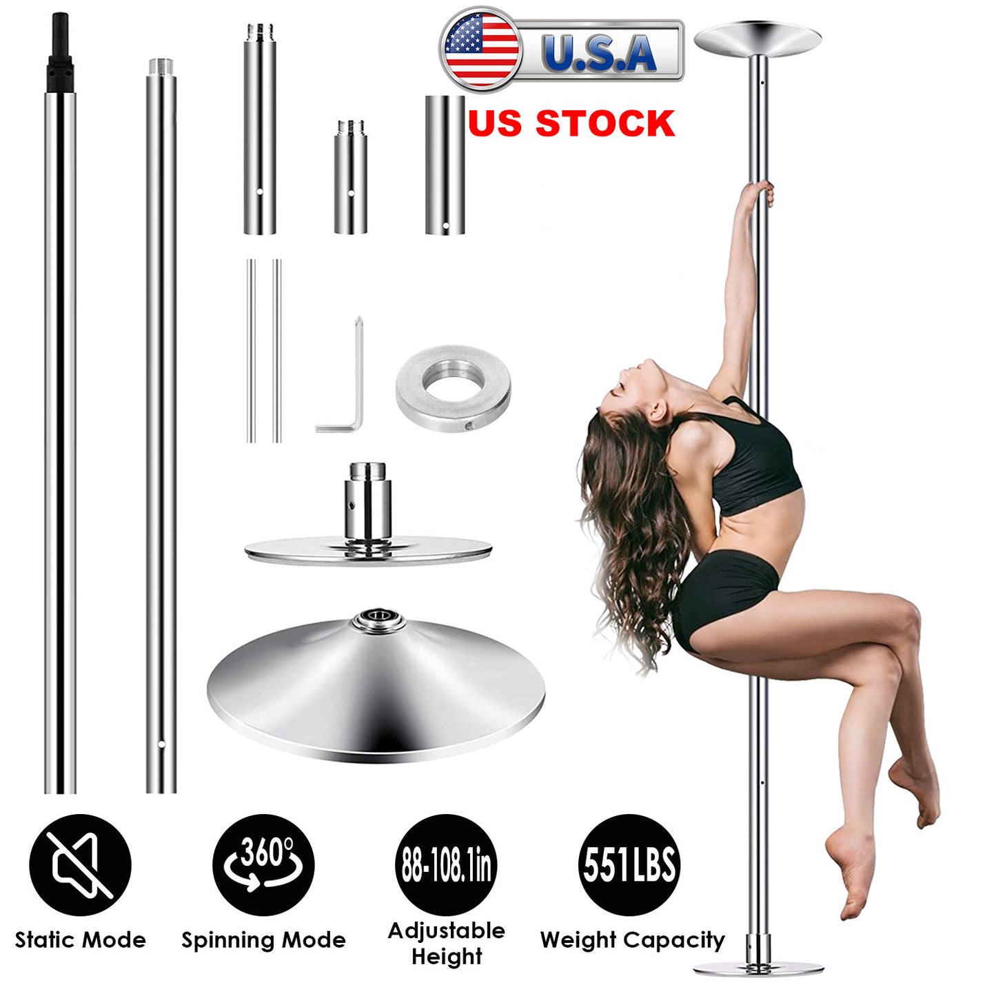 Stripper Dance Pole 45mm Spinning Static Dancing Pole with 88-108.1in Adjustable Height 551LBS Weight Capacity for Fitness Exercise Party Home Club Gy