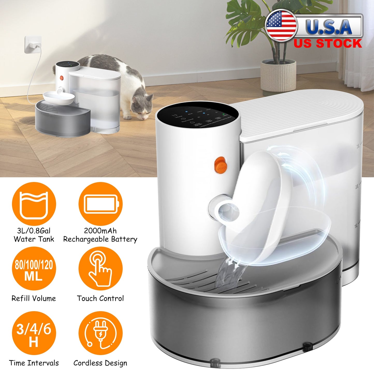 Smart Pet Water Fountain Automatic Cat Water Dispenser 3L/101OZ Cordless Rechargeable Dog Water Fountain Self-Refill with 3 Adjustable Volume 3 Time I